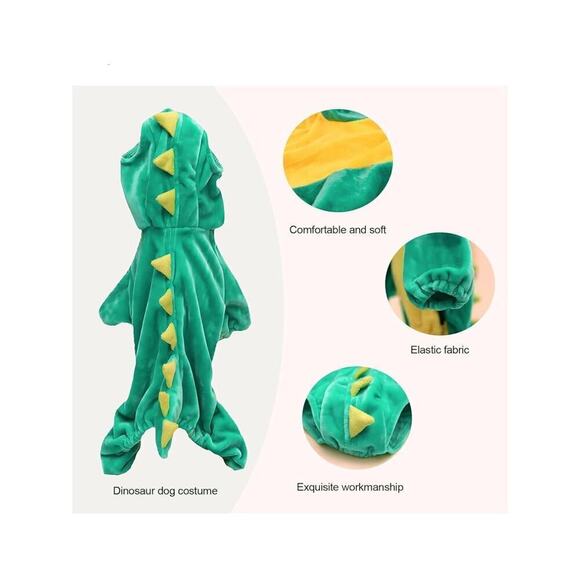 Dog Dinosaur Design Costume Pet Cosplay Elastic Hoodie Clothes Size Small Green - Picture 3 of 4